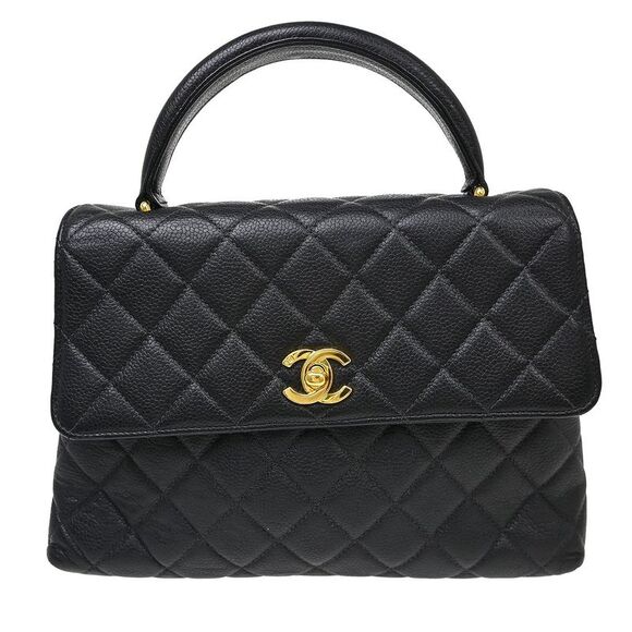 Chanel Handbags - Chanel Vintage Classic Top Handle Flap Bag Quilted Caviar Black Leather Handbag